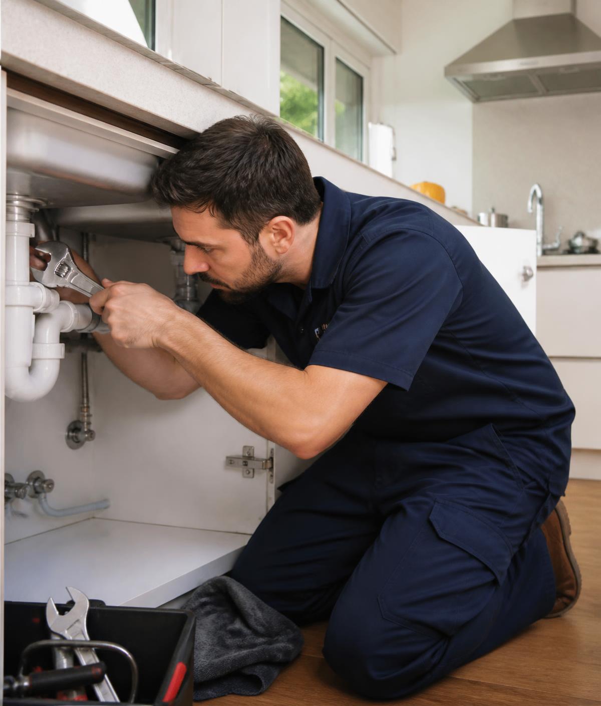 Fontanero profesional reparando una fuga de agua bajo el fregadero de una cocina moderna en Valencia